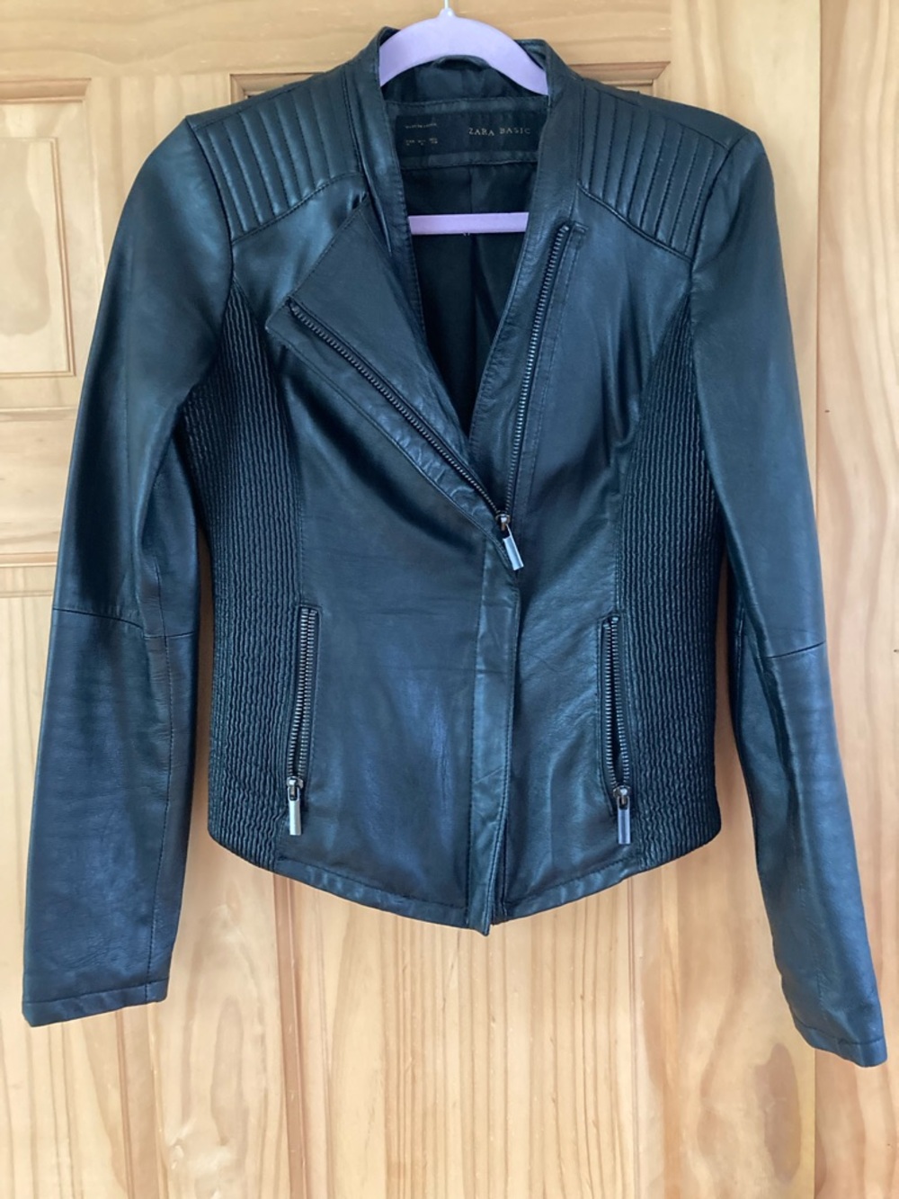 Zara Black Quilted-Panel Leather Moto Jacket